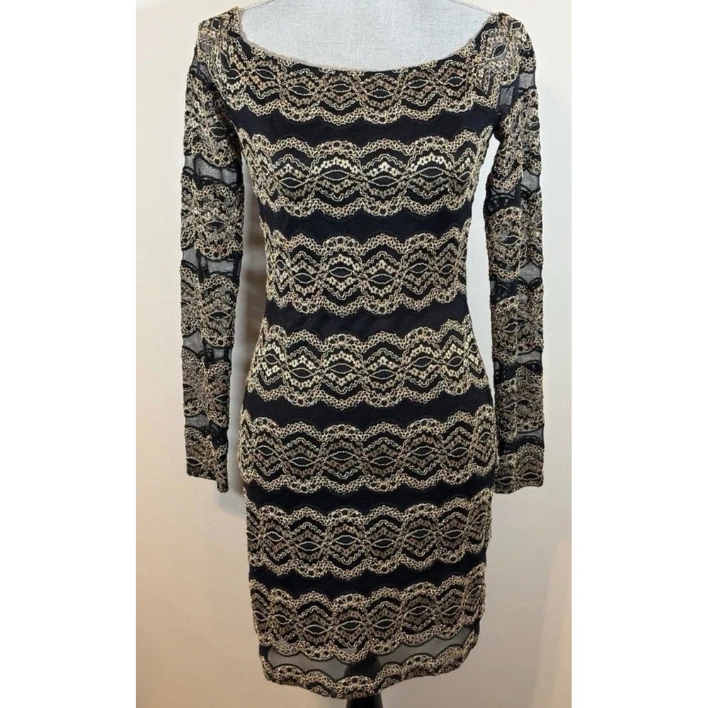 Gianni Bini Bodycon Dress Womens S Black Gold Lace Long Sleeve Boat Neck Mini